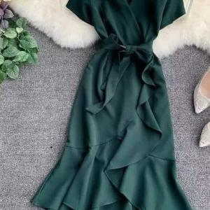 V Korean Casual V neck Ruffle Dress