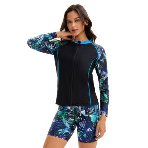 Womens Long Sleeve Swimwear Boyleg Three Pieces Printed Bathing Suit with Bra Zip Sun Protection Full Body Modest Swimsuit