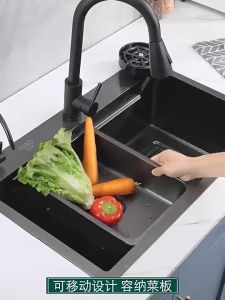 [OKLIFE®]SUS  304 stainless steel Gun grey nano kitchen waterfall sink  Pull faucet large single sink Cup washer setFast shipping