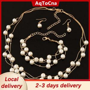 [COD] AqToCna Ship within 24 hours Fashion Multilayer Pearl Necklace Earrings Bracelet Jewelry Set Wedding Bridal