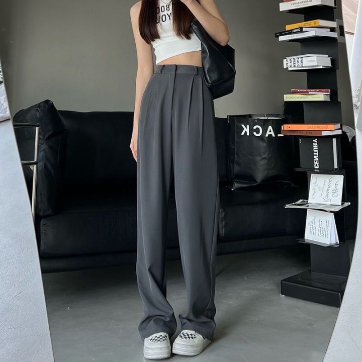 Rimocy 2023 New Straight Wide Leg Women's Pants Korean Style High Waist  Pants for Women Solid