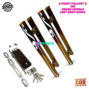 paket untuk pintu depan model 2 daun pintu kupu tarung fullset isi 4buah gagang handle pintu model baut tembus dan set lock body kunci pilihan panjang 33cm 45cm dan 60cm