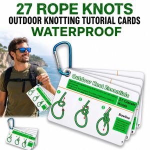 CLARO 27 Rope Knots Outdoor Knotting Tutorial Cards Portable Waterproof Knotting Guide Card Practical with Carabiner Rock Climbing Knot Cards HikingTravel Etc