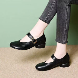 Free Shipping 2026 Autumn New WomenS Mid-Heel Leather Shoes With Hidden Heel And Buckle Closure Round-Toe Flats