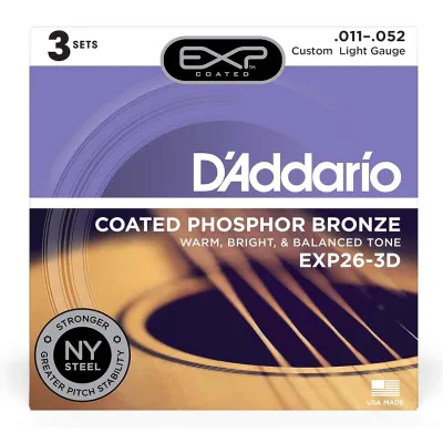 D’Addario Acoustic Guitar StringsEXP16/EXP26 Coated Phosphor Bronze Guitar Strings 3-Pack