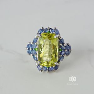 Rosenmarry/แหวนเลม่อนควอทซ์แท้ล้อมไพลินแท้ 9 กะรัต ตัวเรือนเงินแท้925 ไซส60  พร้อมกล่อง BR019