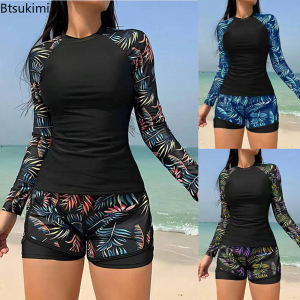 New 2025 Womens Vintage Print Swimsuit Rash Guards Long Sleeve Swimwear Surfing Sports Pool Swimming Suit Two-Piece Bath Suits