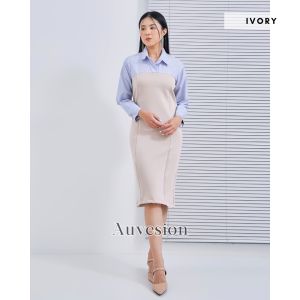 6020 Rosemarie Two Tones Long Sleeves Combi Scuba Midi Dress Kasual