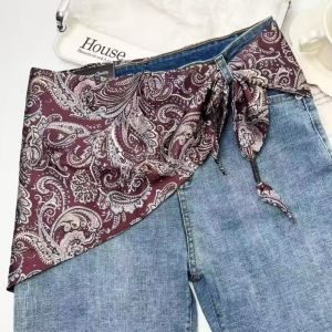 LUMINOU Literary Style Cashew Floral Silk Scarf Imitation Silk Versatile Accessory Waist Triangle Scarf Belt Retro Shirt Extender Travel Accessory