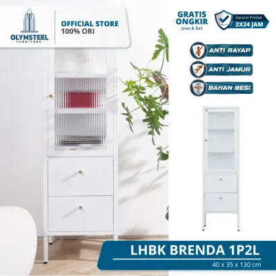 Olymsteel LHBK BRENDA 1P2L Lemari Hias Minimalis Kaca Tempered | Lemari Display Besi 1 Pintu 2 Laci Premium
