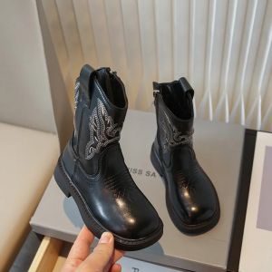 YCHION 2024 Embroidery Girls Cowboy Boots PU Leather Round Toe Zip Kids Mid Calf Short Shoes Solid Children Fashion Boots