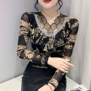 YIMEI Áo Bó Sát Gợi Cảm Thời Trang Mới Xuân Thu 2023 Áo Lưới Kim Cương Viền Bèo Ren Cho Nữ Áo Dài Tay Khoét Lỗ Nữ Tính Khí Chất