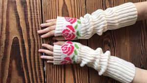 Knitted UV for Protection Half Finger Gloves Women Arm Warmers Rose Pattern Warm Half Finger Mittens with Long Sleeves