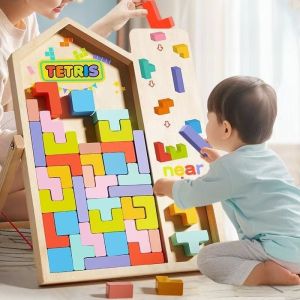 Wooden Tetris Puzzle Building Blocks Early Educational 3D Tetris Blocks Toy Kids Development Game