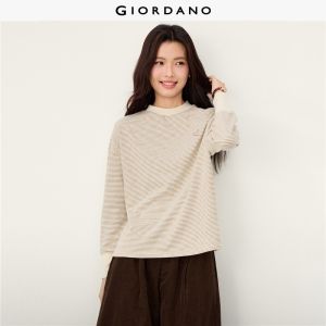 Giordano Beau Monde Women Heart embroidery mock neck striped sweatshirt Free Shipping 13326703