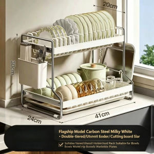Dish Drying Rack White Kitchen Stainless Dish Drainer 2 Tier Kitchen Organizer With Drain Tray& Utensil Holder ﻿
