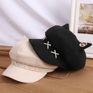 CANICECA Cat Ear Beret Cap Warm Claw Pattern Octagonal Hat Cute Bow Painter Beret Hat Women