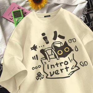 100% Cotton American Vintage Black Cat Printed Short Sleeved T-shirt Men/women Korean Ins Neutral Style Trendy Loose Half Sleeved Top