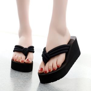 Womens Wedge Flip Flops Fashionable Black Platform Heeled Slide Shoes Summer Outdoor Beach Slides