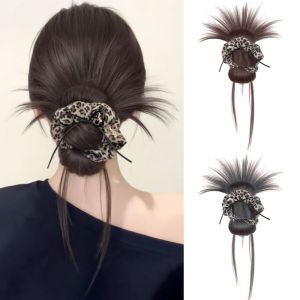 YUCHEN Straight Low Bun Wig Hair Synthetic Hair Extension Leopard Print Scrunchie Chignon Vintage Hair Band Messy Bun Hairpiece for Effortless Updo
