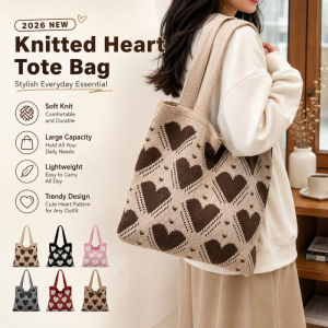 New Ins Style Knitted Tote Bag Heart Pattern Large Capacity Shoulder Bag Daily Casual Shopping Bag