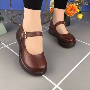 Free Shipping Thick-Soled WomenS Shoes Round-Toe Mom Shoes 2026 Spring New Collection Shallow-Toe Flats Retro Casual Leather Shoes