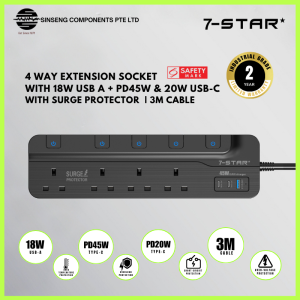 7-STAR* Premium 4 Way Multi Plug Extension Socket with Individual Switch 18W USB A + PD45W - 20W USB C Type-C with Surge Protector | 3M Cable | Safety Mark | Black