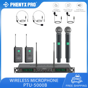 Phenyx Pro PTU-5000B Wireless Microphone System 4-Channel UHF Wireless Mic Set with Handheld/Bodypack/Headset/Lapel Mics Fixed Frequency Metal Microphone for Church Singing Stage Performances Karaoke