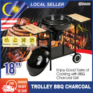18" Trolley Barbecue Grill Stainless Steel Charcoal BBQ Grilling with 2 Wooden Side Shelfs / Pemanggang Berbeku Beroda