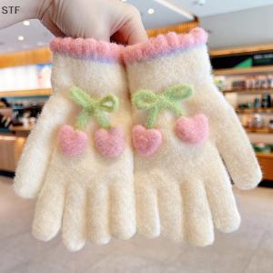 STF ถุงมือเต็มนิ้วให้ความอบอุ่นสำหรับเด็กลายเชอร์รี่หวานน่ารักอายุ6-12ปีถุงมือปั่นจักรยานหนากันลมฤดูหนาว