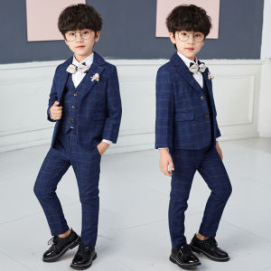 Three Piece Suit Set For Kid Plaid Boy Formal Dinner Dress Dance Class Children Blazer