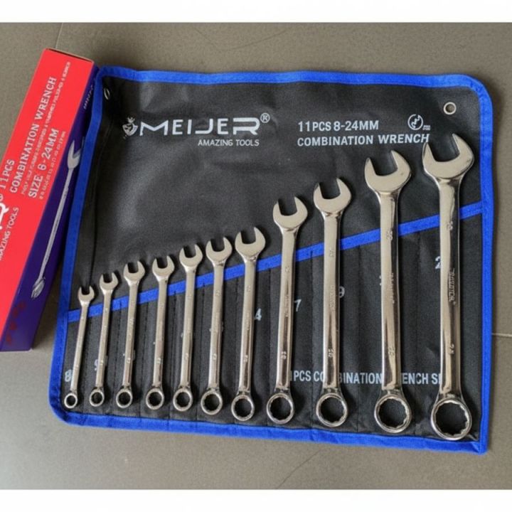 Kunci Ring Pas Set 11pcs 8-24mm Alat Profesional Kunci pas Lengkap Kunci Pas Ring Set 11pcs Kunci Set Ring Pas Combination Wrench Alat Motor/Dengan Tas Penyimpanan