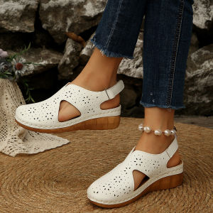 【Free Shipping】Casual Sandals 2026 New Model Hollow Breathable Velcro Strap Wedge Heel Peep-Toe Stitched Closed Toe
