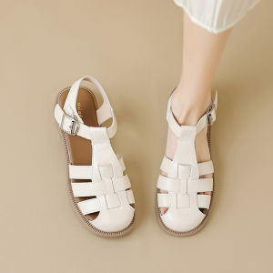 Block-heeled Sandals Womens Summer and Korean Version Woven Roman Sandals Retro Toe Back Empty Pigpen Shoes