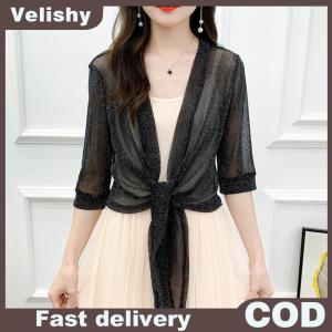 Velishy Phong Cách Áo Khoác Cardigan Nửa Tay Áo Phía Trước Ren-up Áo Phụ Nữ Mỏng Kem Chống Nắng Áo Khoác Ngắn