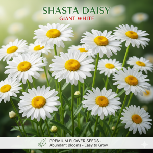 เมล็ดพันธุ์ชาสต้าเดซี่ (Shasta Daisy) ดอกใหญ่สีขาว บรรจุ 500 เมล็ด/ซอง ต้นสูง 70 ซม. | ดอก 6–10 ซม. | ปลูกง่าย ดอกสวยคลาสสิก