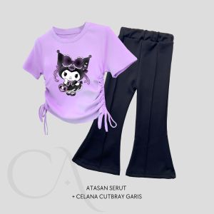 Setelan Kaos Serut Crop Top dan Cutbray Garis Anak Perempuan Kuromi Umur 1-14 tahun