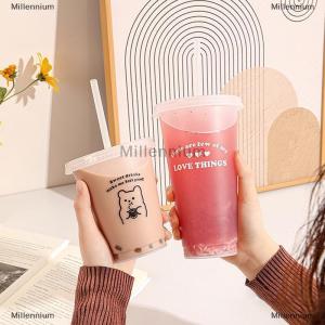 [COD] Millennium Kawaii chai nước cho nước ép Cà Phê Trà sữa dễ thương nhựa lạnh ly với rơm Nắp di động tái sử dụng uống chai BPA miễn phí