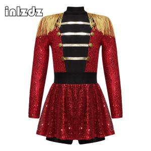 Girls Circus Costume Ringmaster Jumpsuit Shiny Sequins Long Sleeve Tassel Epaulet Leotard Dress for Halloween Fancy Outfit2026