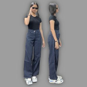 Celana panjang jeans terbaru cewek Highwaist pants denim salur patch kotak. Model loose pant baggie