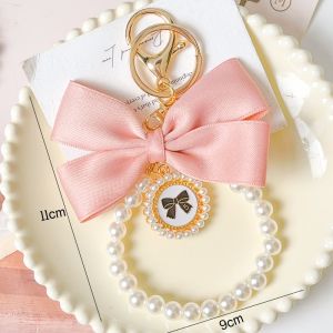Sweet Bow Ribbon Pearl Beaded Keychain for Women Girls Korean Large Bow Backpack Pendant Car Keyring Charms Phone Chain Ornaments
