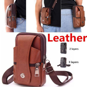 Men Outdoor Leather Belt Waist Bag Mobile Phone Card Holder Case Pouch Lightweight Phone Holder Dual/Three Layers Holster