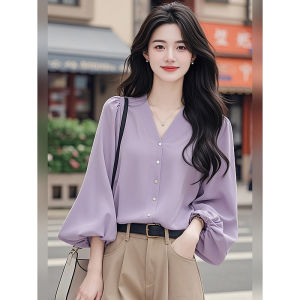 AMMIN 2024 Autumn new French V-neck advanced single breasted purple sleeved shirt simple solid color long sleeve natural drop elegant blouse