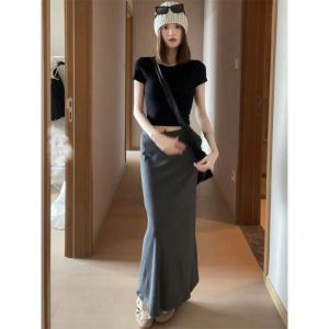 IELGY Womens Korean style casual all-match hip-wrapped long skirt
