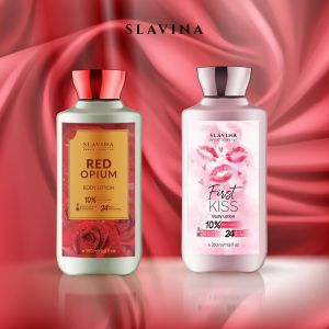 SLAVINA Bundle 2PCS Body Lotion (Red Opium + First Kiss) by Nagita Slavina – Handbody Whitening 10% Niacinamide Glutathione Serum Burst Moisturizing Tone Up Body Care Pemutih Badan Kulit Mencerahkan Wangi Parfum Mewah Tahan Lama BPOM