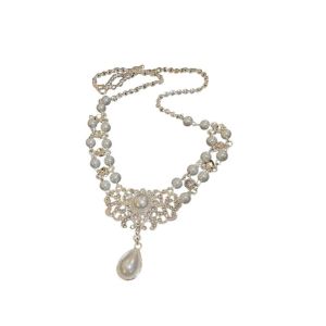 YAOO Beads Pearl Rhinestone Necklace Luxury Sparkling Double Layer Necklace Sweet Neck Jewelry Accessory Pearl Collarbone Chain Women