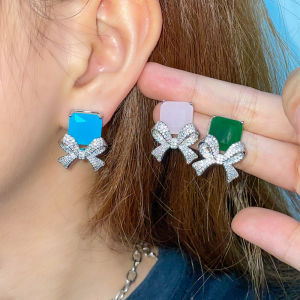 SEQUITO Korean Fashion Women Jewelry Unique Frosted Blue Green Pink Crystal Square Drop Connect Cubic Zircon Bowknot Big Stud Earrings for Girls Birthday Gift SE591