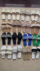 [Free Shipping] Large size Korean style solid color square toe slip-on flat sandals with rhinestones in stock