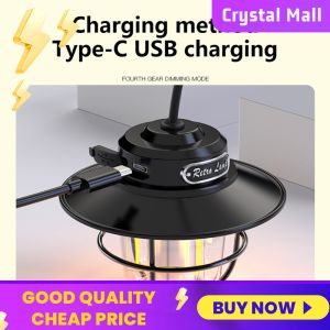 COD [Free Shipping] LED Camping Lantern Vintage 200LM Camping Lamp Stepless Dimming Type-C USB Rechargeable for Hiking Fishing Emergency