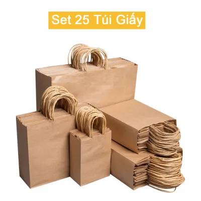 Set 25 Túi giấy Kraft có quai xách dùng đựng quà tặng thực phẩm cực bền đủ kích thước